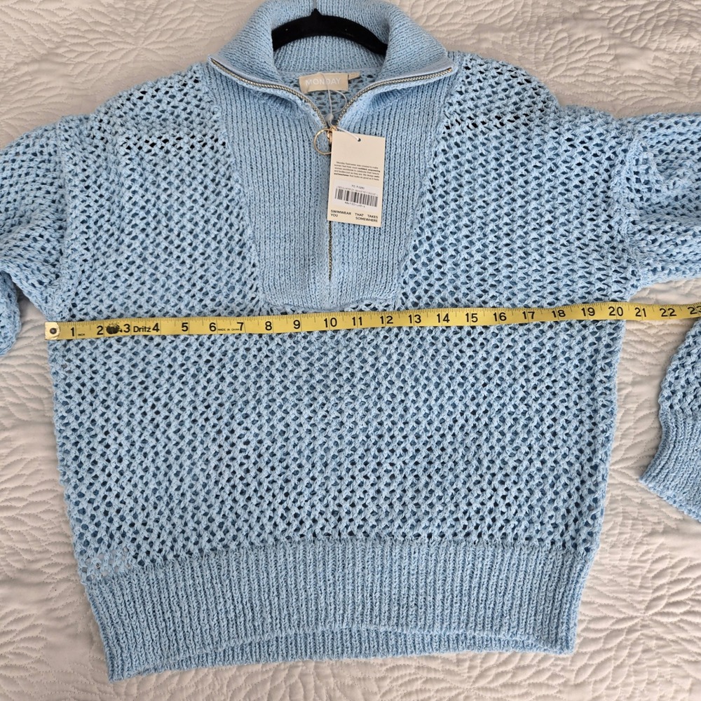 Monday Swimwear Lisbon Quarter Zip Sea Mist Petite Crochet Pullover Sweater L - Picture 6 of 8